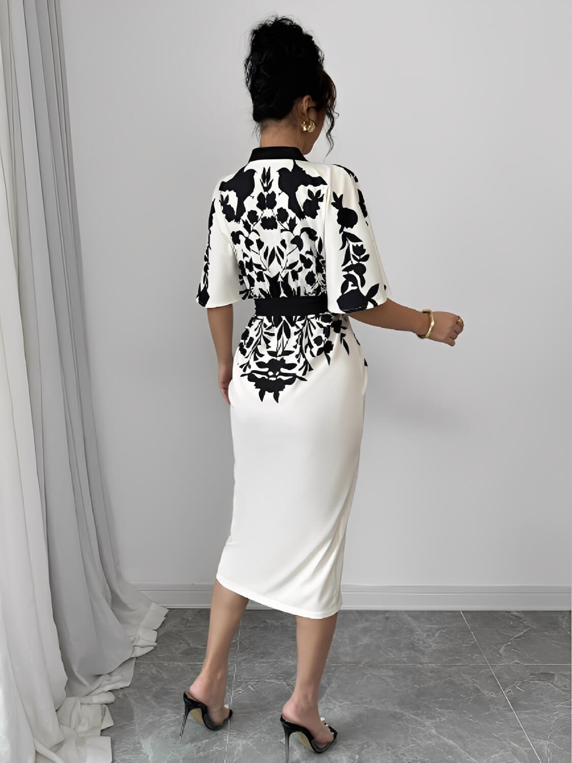Vestido Midi Floral Arabesco com Manga Morcego Elegante - Inez [FRETE FULL]