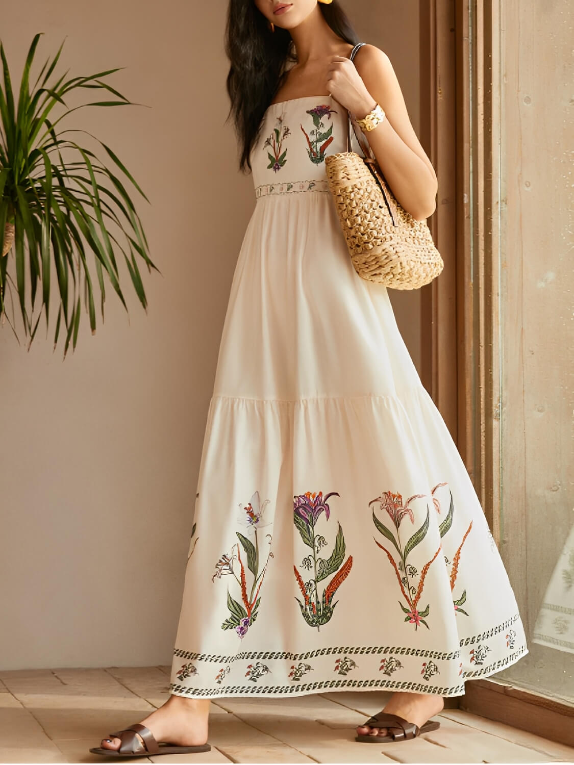 Vestido Longo Estampado com Alças Ajustáveis e Costas Abertas - Dahlia