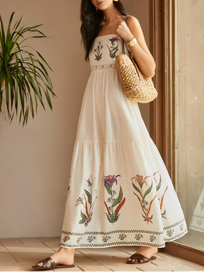 Vestido Longo Estampado com Alças Ajustáveis e Costas Abertas - Dahlia