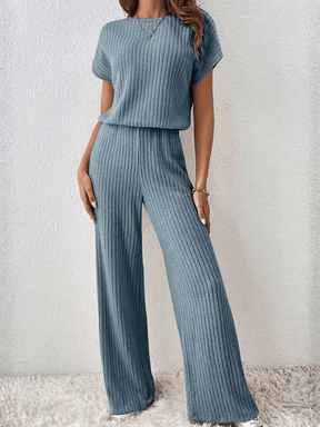 Conjunto Canelado com Blusa Manga Morcego e Calça Pantalona – Maite