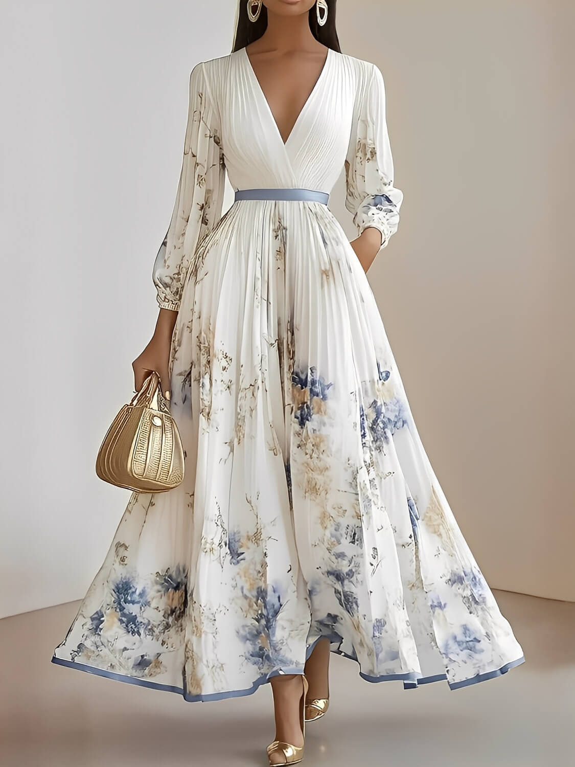 Vestido Longo Plissado Floral com Decote em V e Cinto-Faixa – Seraphina [FRETE FULL]