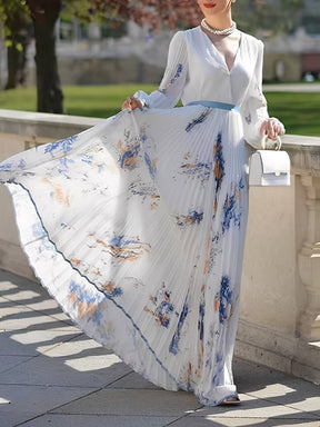 Vestido Longo Plissado Floral com Decote em V e Cinto-Faixa – Seraphina [FRETE FULL]