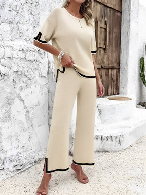 Conjunto Feminino em Viscose com Blusa Mullet de Manga Curta e Calça Cintura Alta com Fenda na Barra - Mirtes [FRETE FULL]