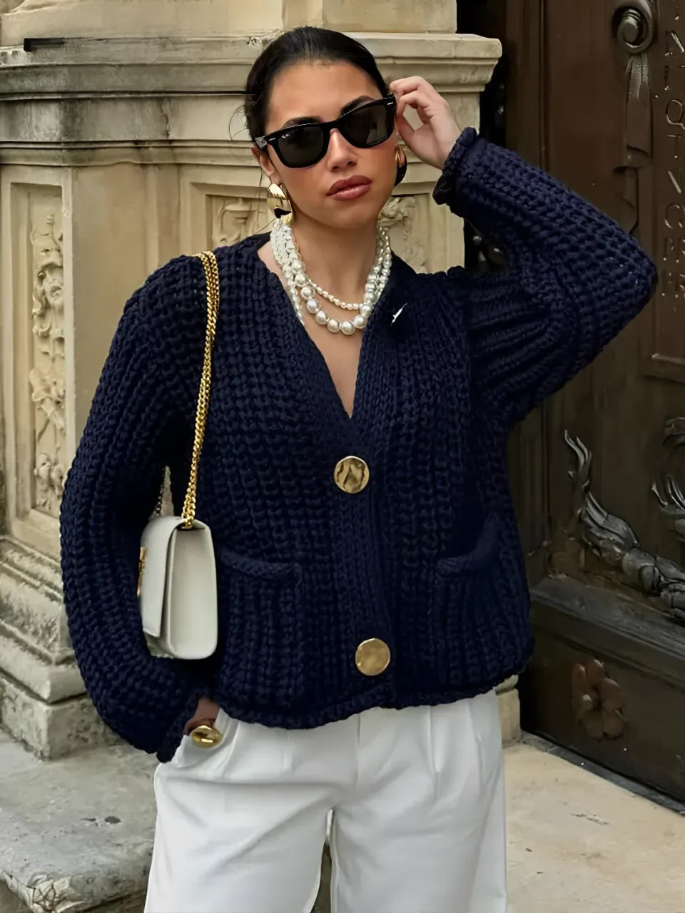 Cardigan de Tricô Ponto Grosso com Botões e Bolsos - Seraphine