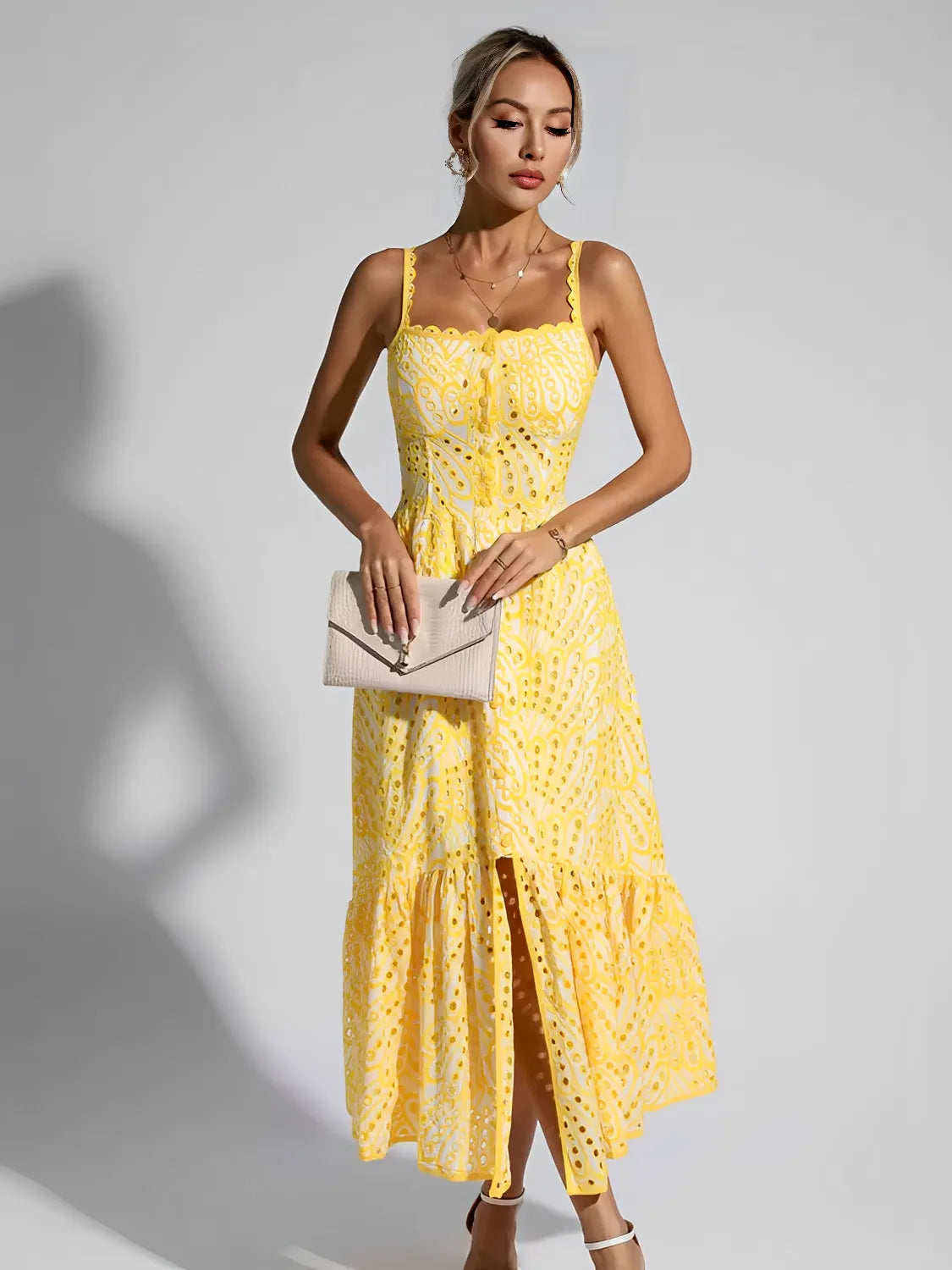 Vestido Midi de Laise com Babados Delicados e Elástico nas Costas – Marina [FRETE FULL]