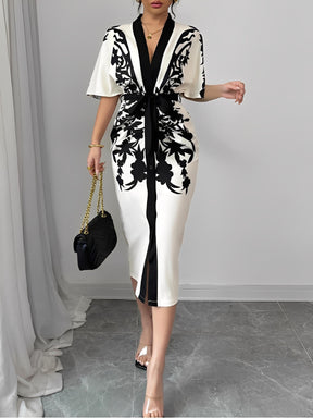 Vestido Midi Floral Arabesco com Manga Morcego Elegante - Inez [FRETE FULL]