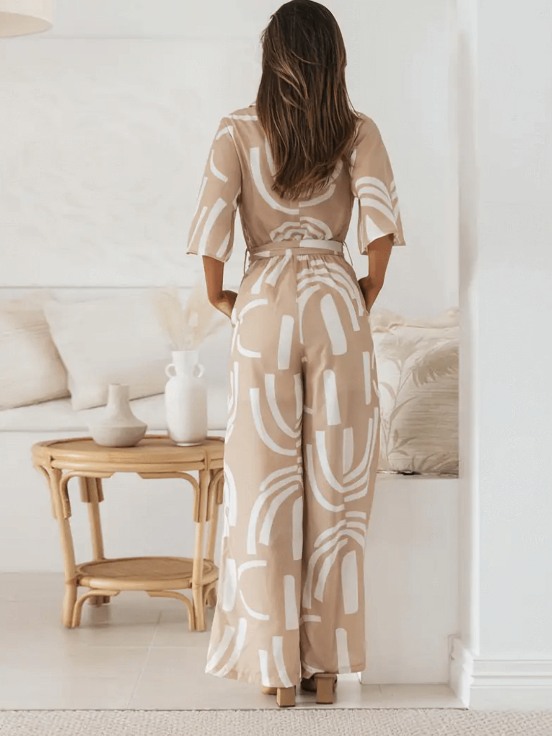 Macacão Longo Chemise Estampado Pantalona com Manga Sino e Faixa - Kendra
