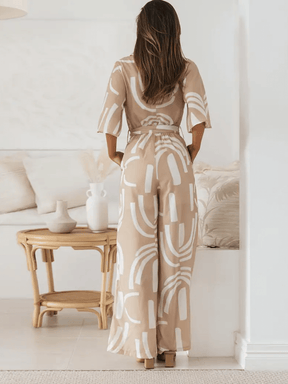 Macacão Longo Chemise Estampado Pantalona com Manga Sino e Faixa - Kendra