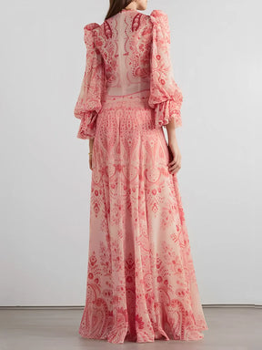 Vestido Longo Estampado Acinturado com Mangas Longas Elegantes – Clarisse