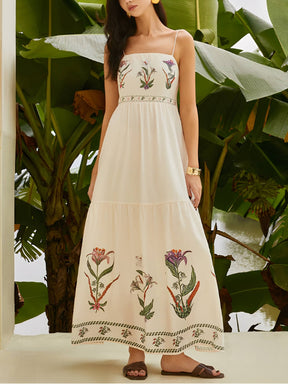 Vestido Longo Estampado com Alças Ajustáveis e Costas Abertas - Dahlia