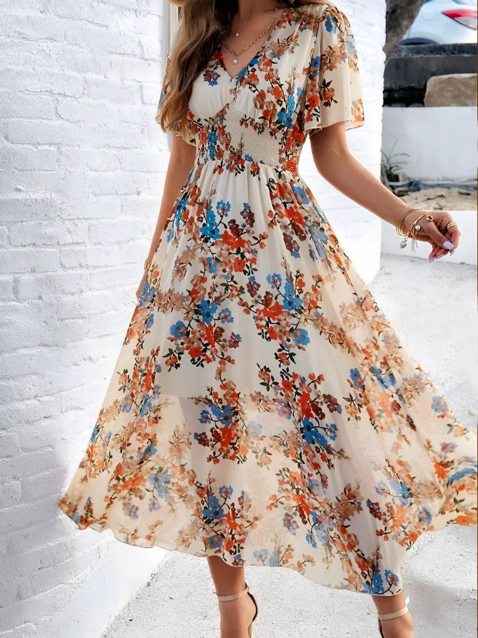 Vestido Midi Floral Fluido com Decote em V e Mangas Curtas – Salma [FRETE FULL]