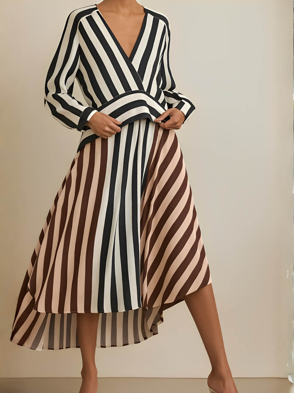 Vestido Mullet Listrado Manga Longa com Decote V Bicolor - Maris [FRETE FULL]