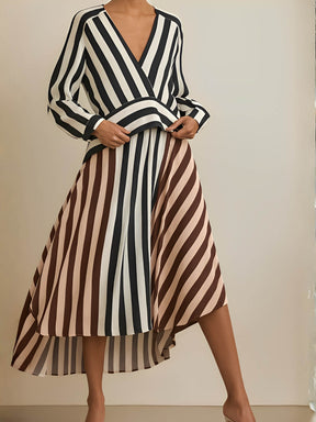 Vestido Mullet Listrado Manga Longa com Decote V Bicolor - Maris [FRETE FULL]