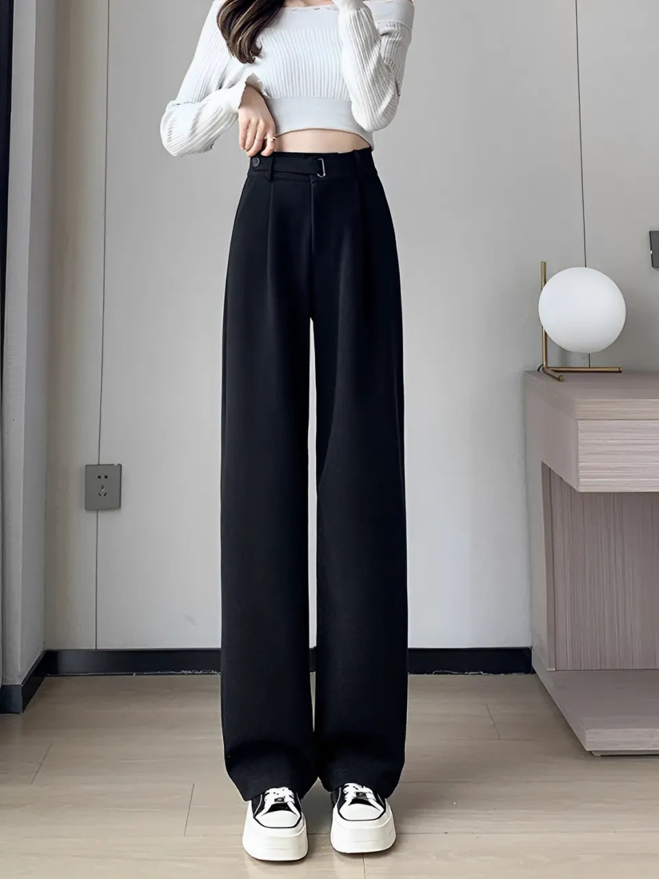 Calça Wide de Lã Batida com Cintura Alta de Elástico e Bolsos – Maysa [FRETE FULL]