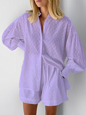 Conjunto de Laise Texturizado Com Camisa e Short Cintura Alta - Cate