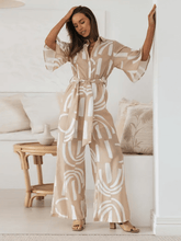 Macacão Longo Chemise Estampado Pantalona com Manga Sino e Faixa - Kendra