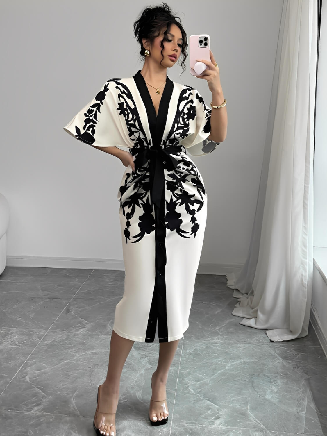 Vestido Midi Floral Arabesco com Manga Morcego Elegante - Inez [FRETE FULL]
