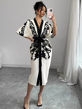 Vestido Midi Floral Arabesco com Manga Morcego Elegante - Inez [FRETE FULL]