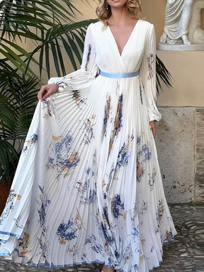 Vestido Longo Plissado Floral com Decote em V e Cinto-Faixa – Seraphina [FRETE FULL]