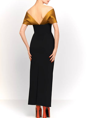 Vestido Longo Ombro a Ombro com Detalhe em Cetim e Fenda Elegante – Nyla [FRETE FULL]