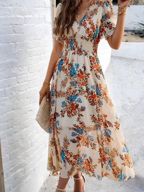 Vestido Midi Floral Fluido com Decote em V e Mangas Curtas – Salma [FRETE FULL]