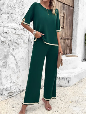 Conjunto Feminino em Viscose com Blusa Mullet de Manga Curta e Calça Cintura Alta com Fenda na Barra - Mirtes [FRETE FULL]