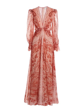 Vestido Longo Estampado Acinturado com Mangas Longas Elegantes – Clarisse