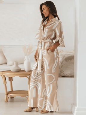 Macacão Longo Chemise Estampado Pantalona com Manga Sino e Faixa - Kendra