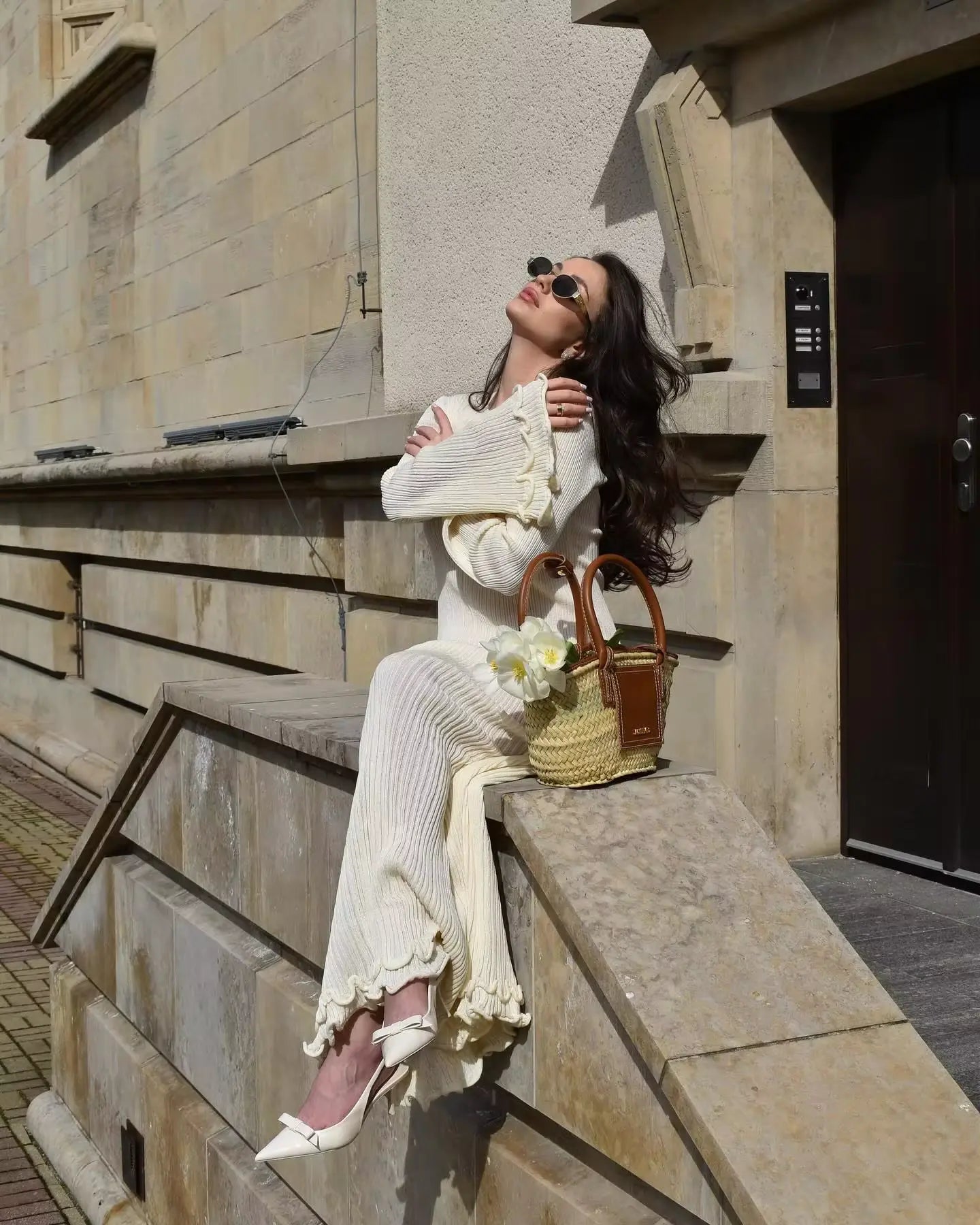 Vestido Longo Canelado com Mangas Longas Flare e Babados - Sandy [FRETE FULL]