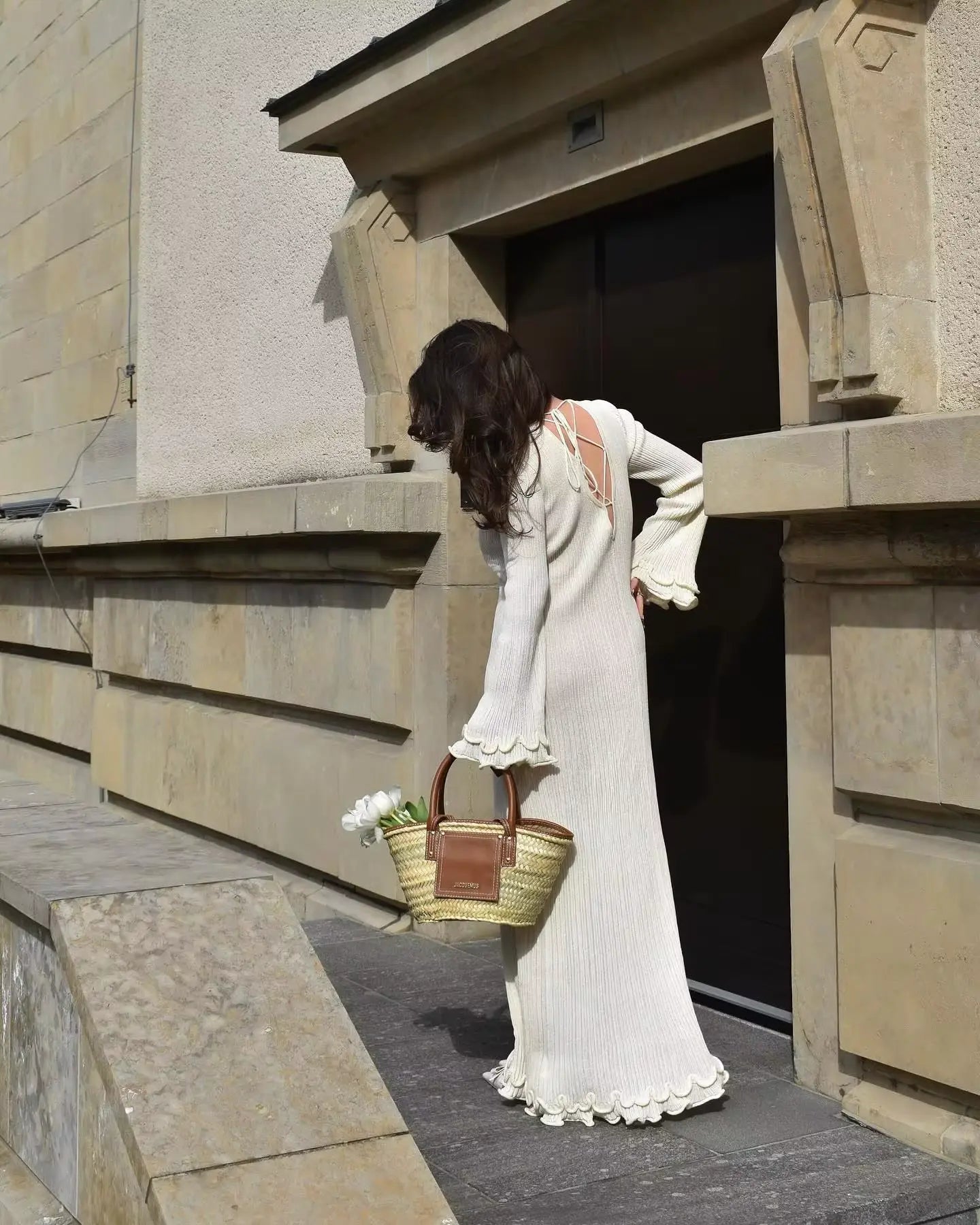 Vestido Longo Canelado com Mangas Longas Flare e Babados - Sandy [FRETE FULL]