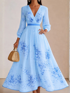 Vestido Longo Plissado Floral com Decote em V e Cinto-Faixa – Seraphina [FRETE FULL]