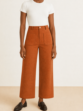 Calça Wide Leg Vintage em Veludo Cotelê Cintura Alta com Bolsos - Antonia