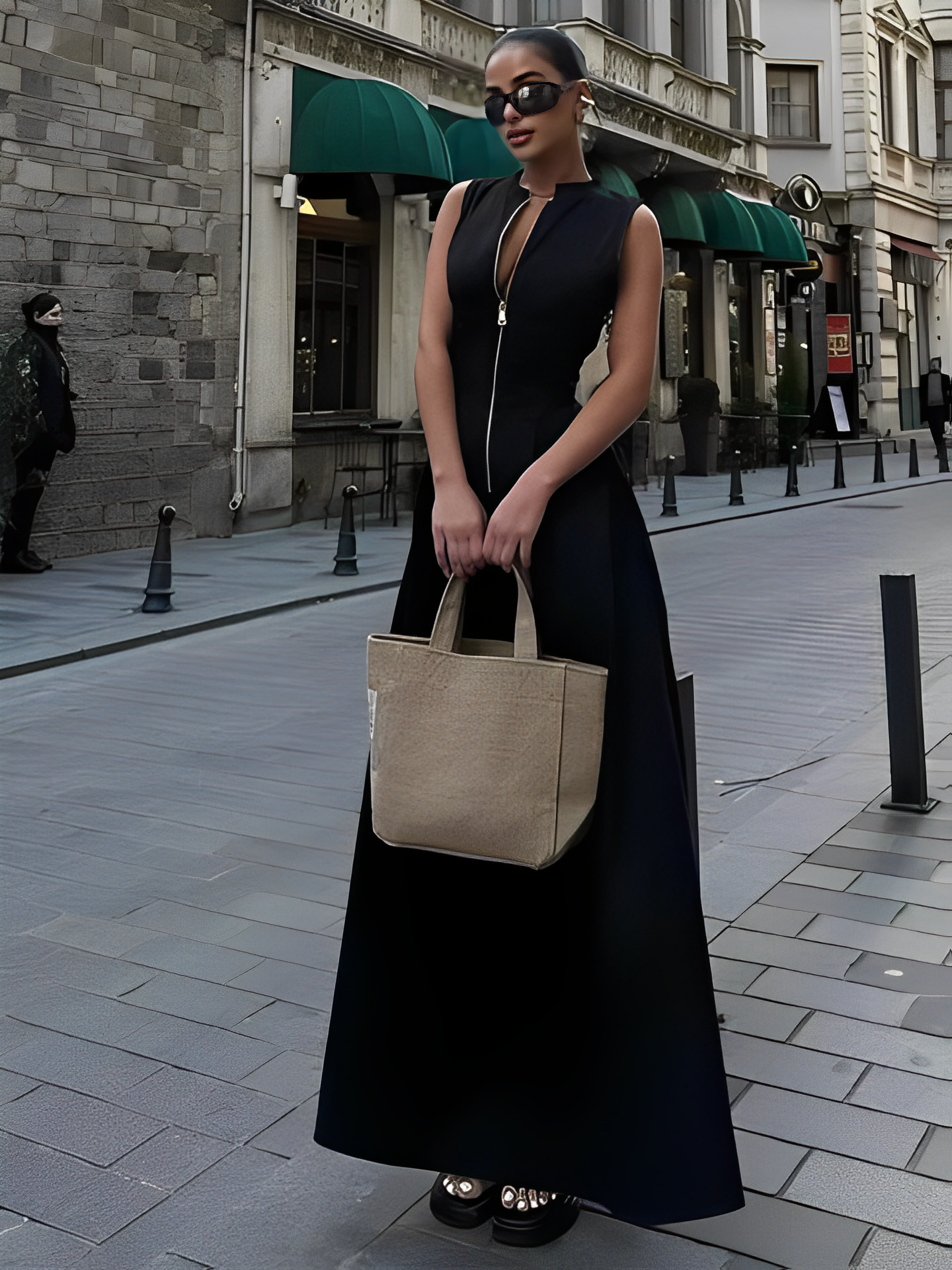 Vestido Longo com Zíper no Busto, Cintura Império e Bolsos – Liriel [FRETE FULL]