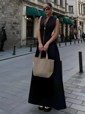 Vestido Longo com Zíper no Busto, Cintura Império e Bolsos – Liriel [FRETE FULL]