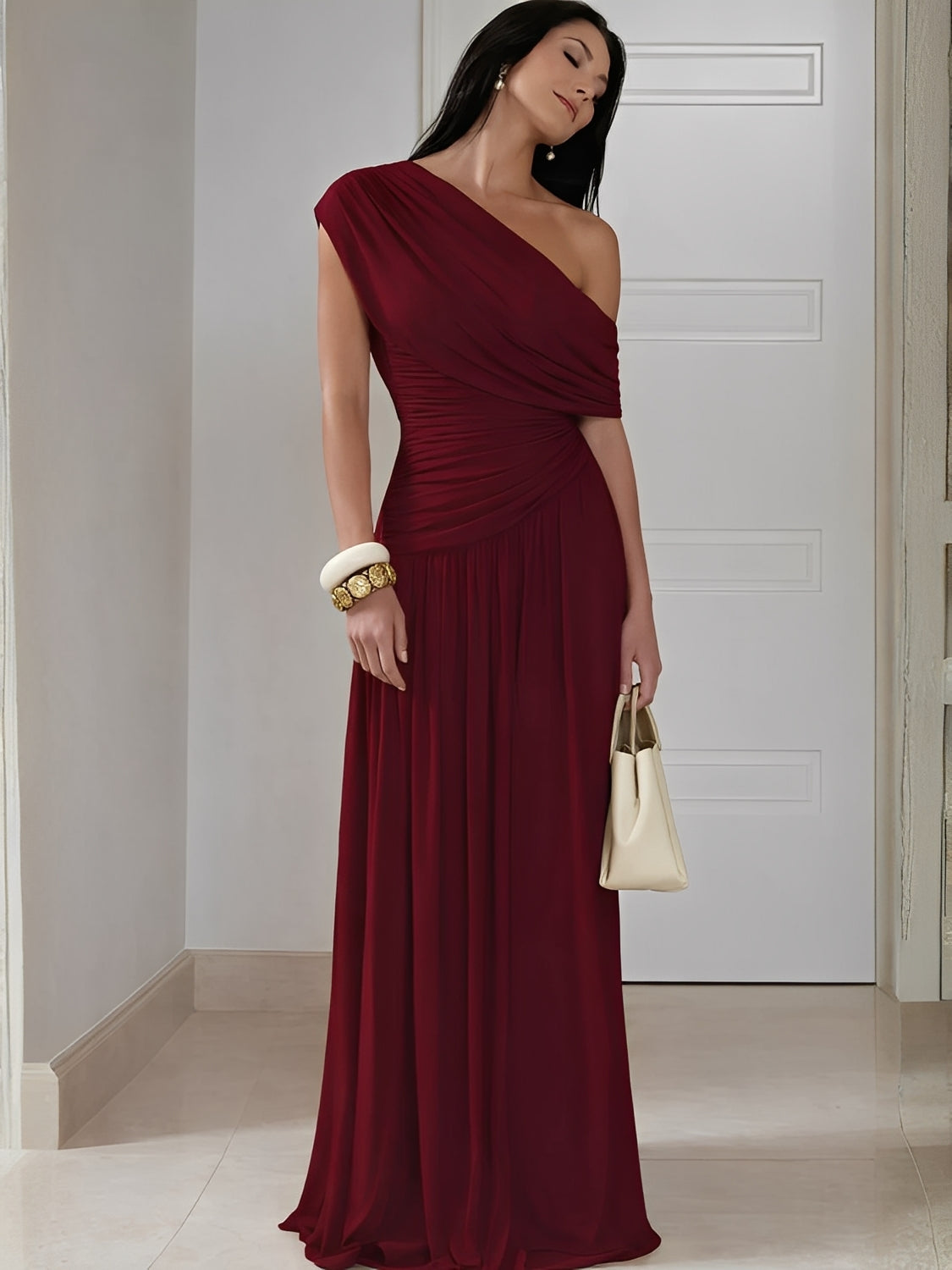 Vestido Longo Plissado Ombro Único Acinturado com Franzidos  – Lunara [FRETE FULL]