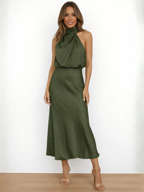 Vestido Midi Acetinado Acinturado com Gola Alta Drapeada Elegante – Rayca