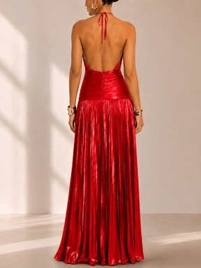 Vestido Longo Plissado Acetinado Decote Halter com Fenda Elegante - Noelia