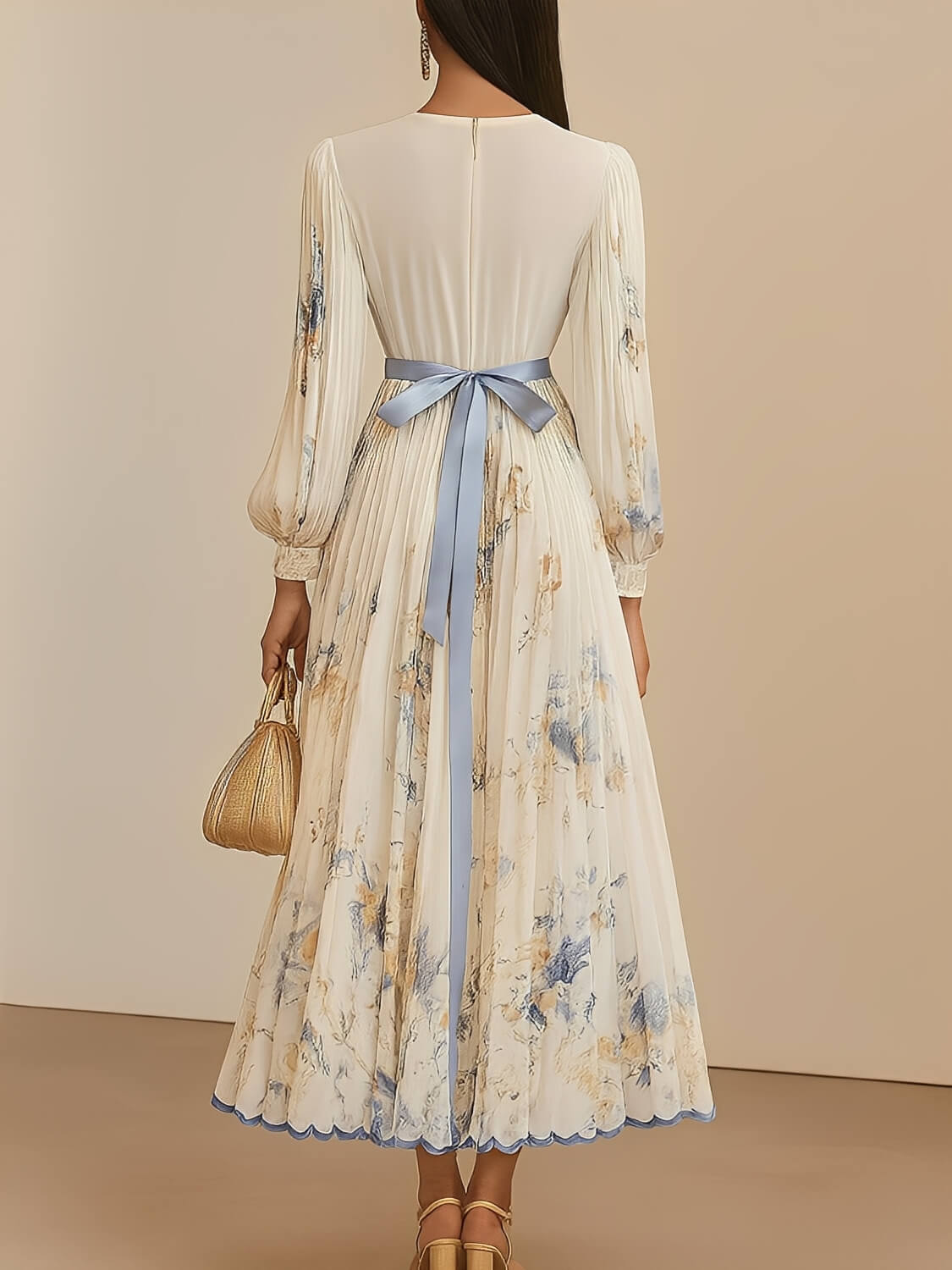 Vestido Longo Plissado Floral com Decote em V e Cinto-Faixa – Seraphina [FRETE FULL]
