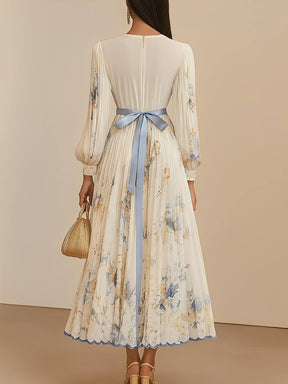 Vestido Longo Plissado Floral com Decote em V e Cinto-Faixa – Seraphina [FRETE FULL]