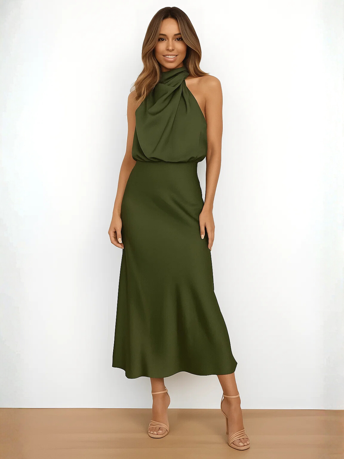 Vestido Midi Acetinado Acinturado com Gola Alta Drapeada Elegante – Rayca [FRETE FULL]