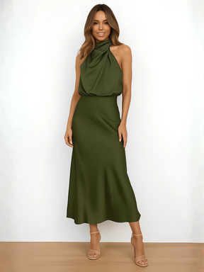 Vestido Midi Acetinado Acinturado com Gola Alta Drapeada Elegante – Rayca [FRETE FULL]