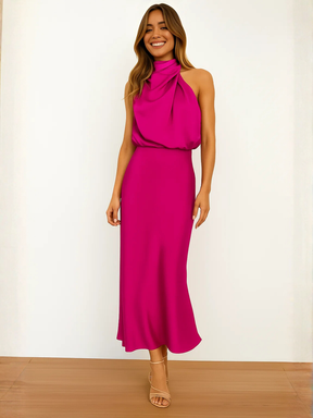 Vestido Midi Acetinado Acinturado com Gola Alta Drapeada Elegante – Rayca [FRETE FULL]
