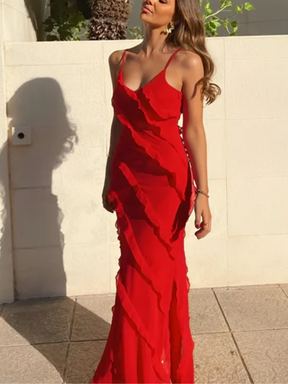Vestido Longo de Festa em Chiffon De Alças Babados e Costas Nuas – Cassandra [FRETE FULL]