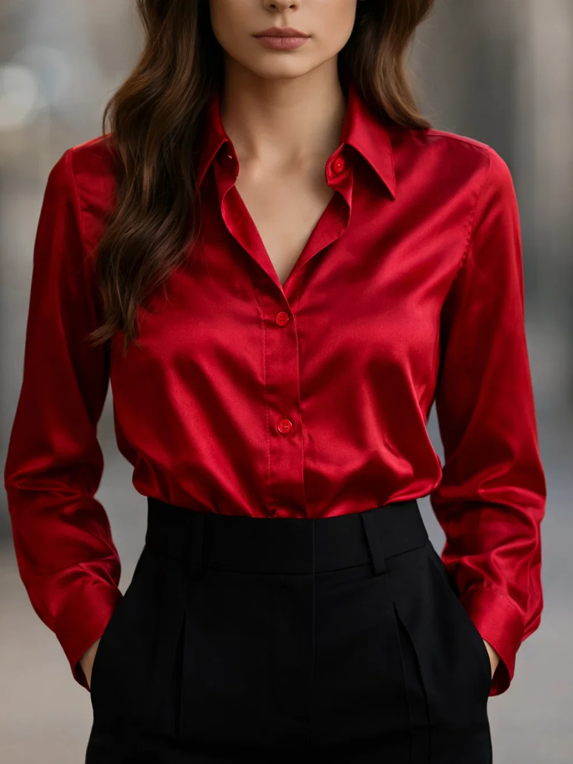 Camisa Acetinada com Gola Lapela e Punhos Retos – Iolanda