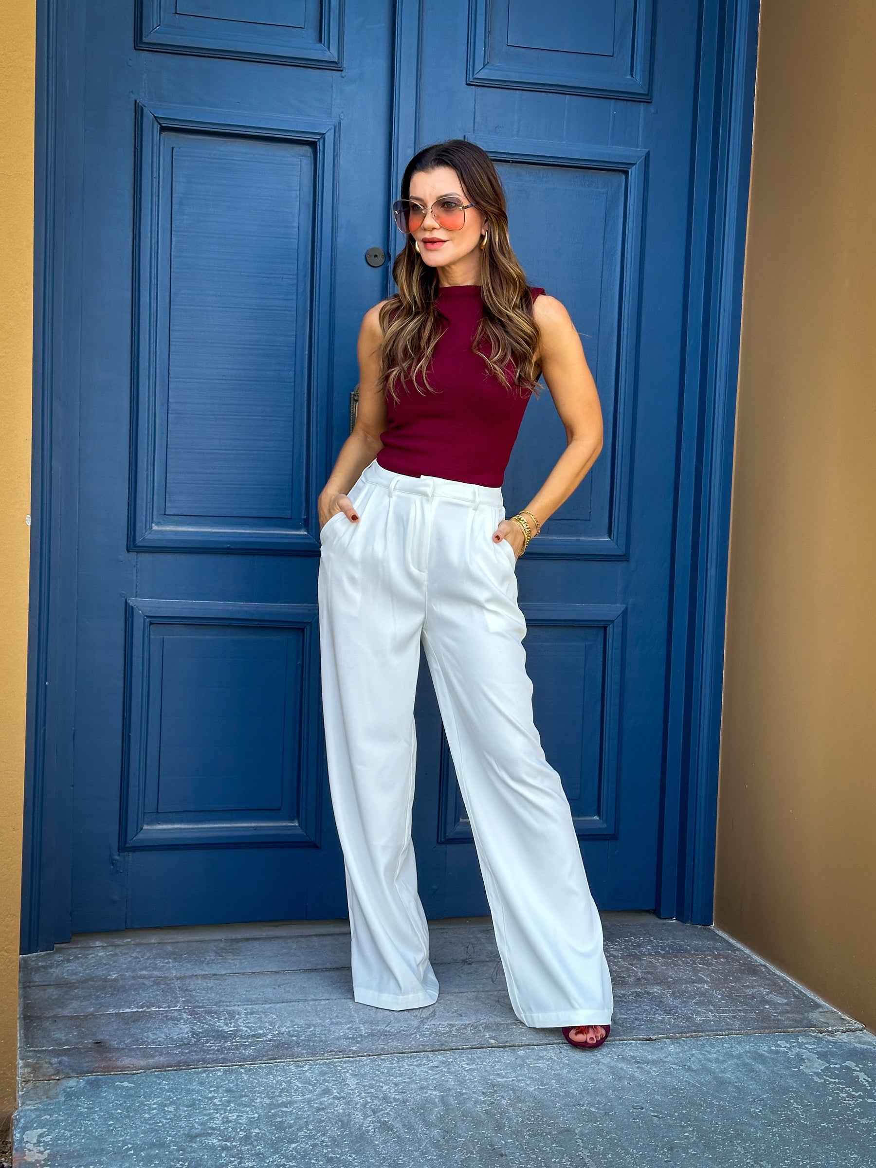 Calça Pantalona Branca Feminina com Cintura Alta Fecho e Zíper – Zoe