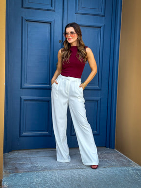 Calça Pantalona Branca Feminina com Cintura Alta Fecho e Zíper – Zoe