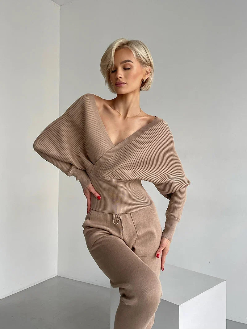 Conjunto Canelado Ombro a Ombro com Calça de Cós Ajustável – Olivia