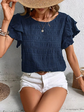 Blusa Texturizada com Babados nas Mangas e Gola Redonda – Sofia