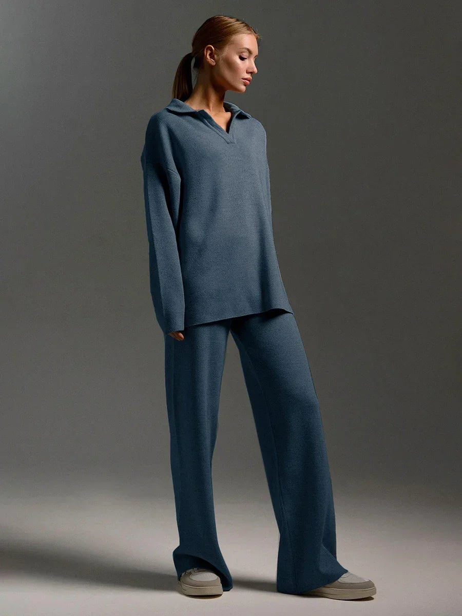 Conjunto com Suéter Gola Polo e Calça Flare Cintura Elástica - Isis