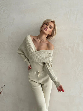 Conjunto Canelado Ombro a Ombro com Calça de Cós Ajustável – Olivia